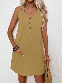 SHEIN LUNE Vestido de tanque sólido con botones en la parte frontal y bolsillos dobles