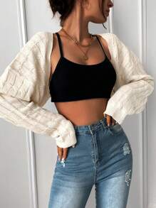 Chiquease 落肩前开襟短款开衫、长袖上衣 - 杏色 - 查看 3