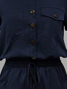 SHEIN LUNE Flap Pocket Drawstring Waist Shirt Romper - Navy Blue - View 3