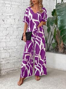 SHEIN Clasi Conjunto de top con manga de murciélago y pantalón de pierna ancha con estampado completo - Morado - Ver 4