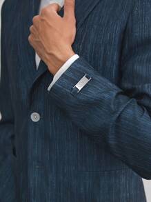 AKNOTIC Business Casual 易护理亚麻男士梭织牛仔效果修身缺口翻领长袖西装外套，适合春秋季节、办公室穿着和秋冬穿着 - 藏蓝色 - 查看 6
