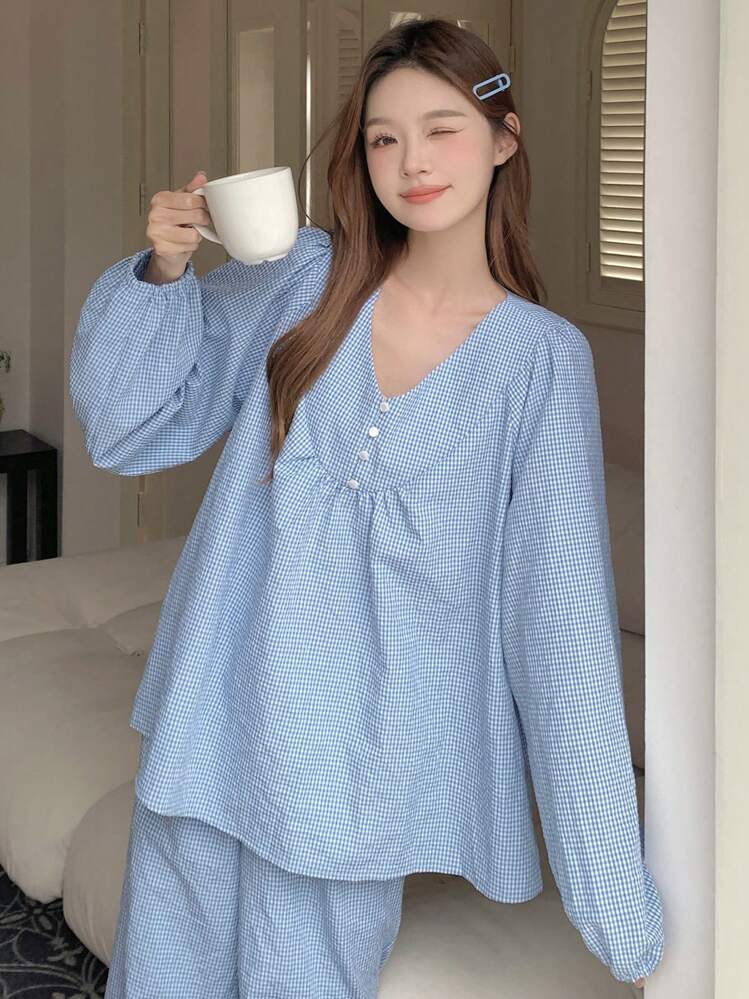 DAZY 女士前扣式睡衣套裝，適用於日常穿著 - 藍色 - 查看 8