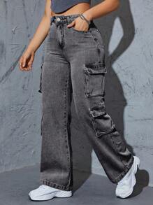 Plus Size Women's Y2K Street Style Multi-Pocket Straight Leg Denim Cargo Pants - Grey - View 4