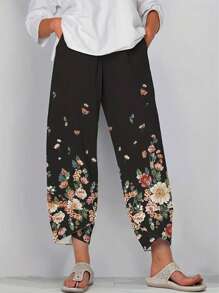 Women's Casual Loose Fit Floral Printed Long Pants - Black - View 1