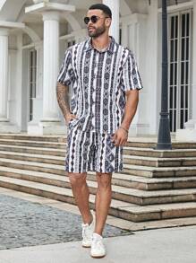 Manfinity Homme Men's Plus Size Geometric Print Short Sleeve Shirt And Shorts Set For Vacations & Leisure