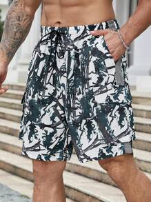 Manfinity LEGND 男士加大碼樹枝印花束腰休閒短褲，附口袋 - 黑與白 - 查看 3