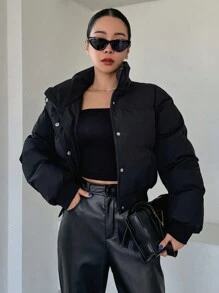 DAZY Áo khoác nữ cổ đứng màu trơn, đệm ngắn, áo khoác mùa đông - màu đen - Xem 10