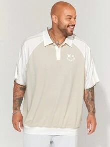 Manfinity VCAY CozeMod Plus Size Men's Knitted Foam-Printed Loose Fit Short-Sleeve Polo Shirt With Patchwork Design, Summer - Khaki - View 5