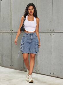 Y2K Street High Waist Flap Pocket Tape Detail Work Cargo Denim Bermuda Wide Leg Jean Shorts Summer Comfy Jorts - 藍色 - 查看 5