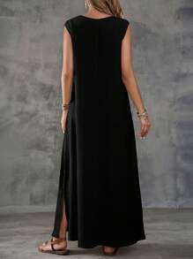 EMERY ROSE 卡其色紋理面料無袖V領開叉女裝連衣裙