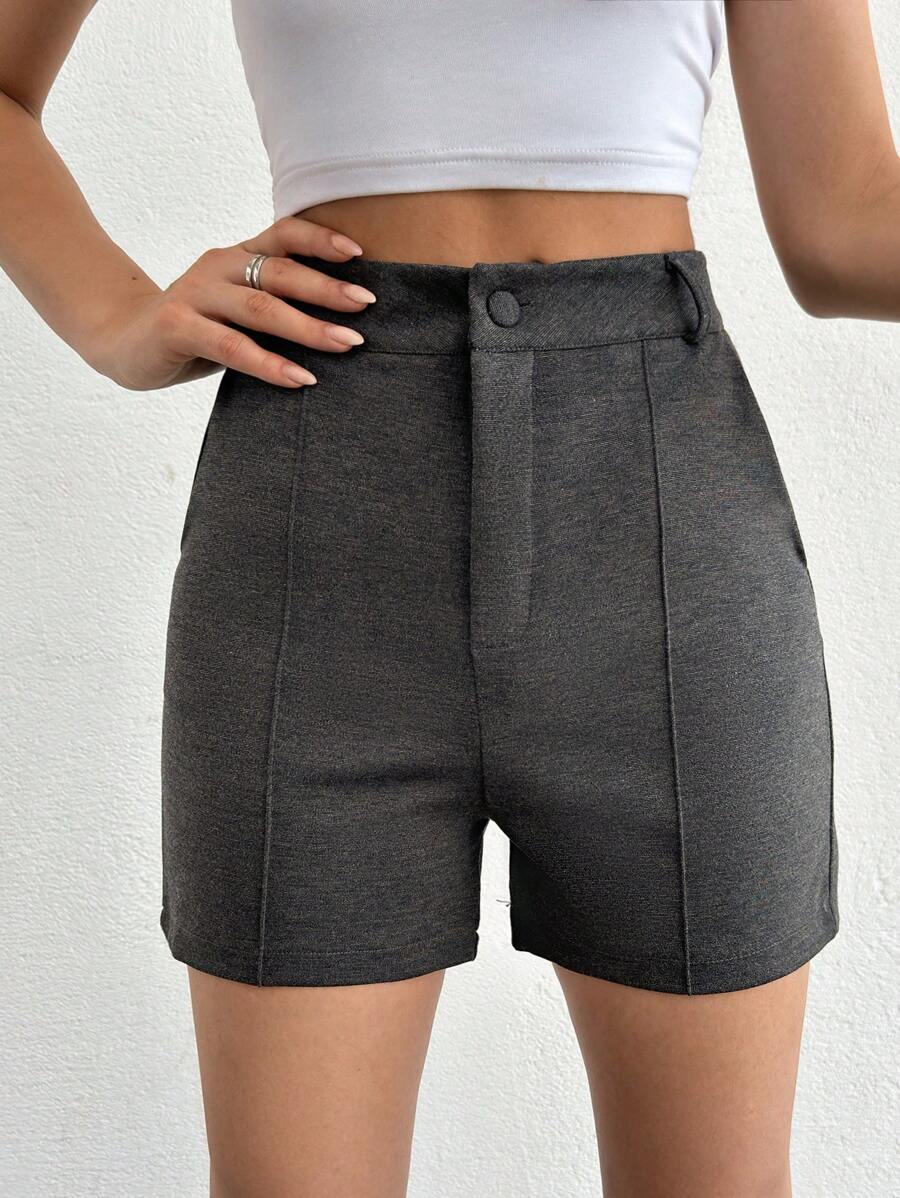 RueChic Bermudas de Tamanho Alto com Detalhe de Costura e Zíper - Cinza claro - Ver 1