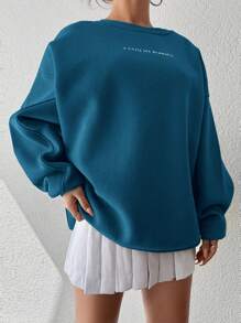 Cottnline Letter Graphic Drop Shoulder Sweatshirt - Teal Blue - View 4