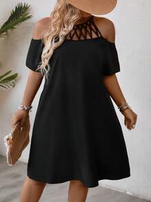 SHEIN CURVE+ Vestido diario sólido elegante de mujer de talla grande con hombros descubiertos - Negro - Ver 3