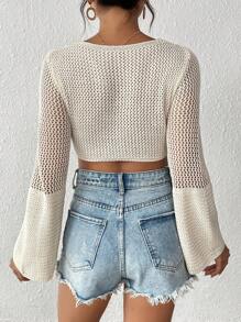 Swim Vcay Women Solid Hollow Out Tie Front Kimono Summer - Beige - View 3