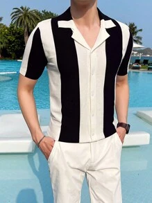 Men's Casual Dual-Tone Simple Short Sleeve Knitted Cardigan - Black and White - View 1