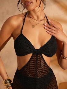 Hauture Textured Knit Sheer Cut Out Jumpsuit - Black - View 3