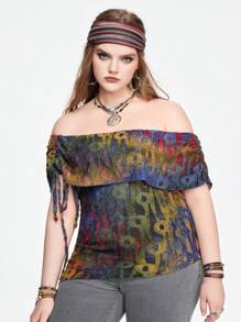 ROMWE Hippie Vintage Tie Dye Tie-Dye Hem bất đối xứng cộng với kích thước áo thun lệch vai có cắt tua rua - Nhiều màu - Xem 4