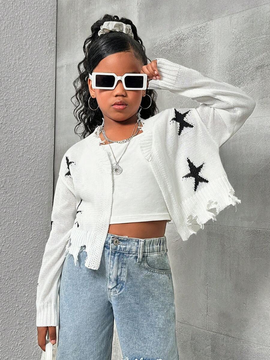 SHEIN Tween Girls' Loose Fit Sporty Knitted Short Cardigan With Star Pattern And Frayed Hem - White - View 1