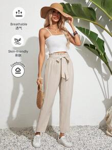 SHEIN Frenchy 女士 Earthy Clothes 机场装蝴蝶结锥形裤，采用纹理亚麻面料、腰带和荷叶边装饰