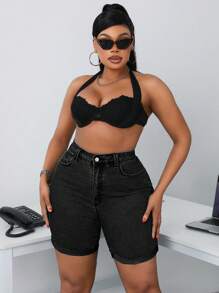 SHEIN SXY Plus Size Denim Shorts, Fashionable For Summer - Dark Grey - View 3