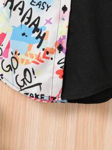 年輕女孩編織塗鴉圖案拼接寬鬆休閒襯衫 - 黑色 - 查看 4