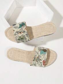 Women's New Summer Cloth Random Pattern Embroidered Round Toe Slide Sandals, Comfortable Flat Beach Shoes For Vacation - Multicolor - View 5
