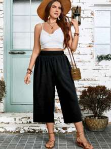 大码女式中腰宽松纯色阔腿裤，休闲通勤度假裤，黑色 - 黑色 - 查看 6