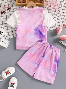 Young Girls Tie Dye Letter Graphic 2 In 1 Tee & Shorts - Pink - View 2