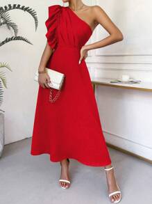Chiquease Simple One Shoulder Ruffle Trim Dress For New Year Clothes Maxi Women Outfit - Red - View 1