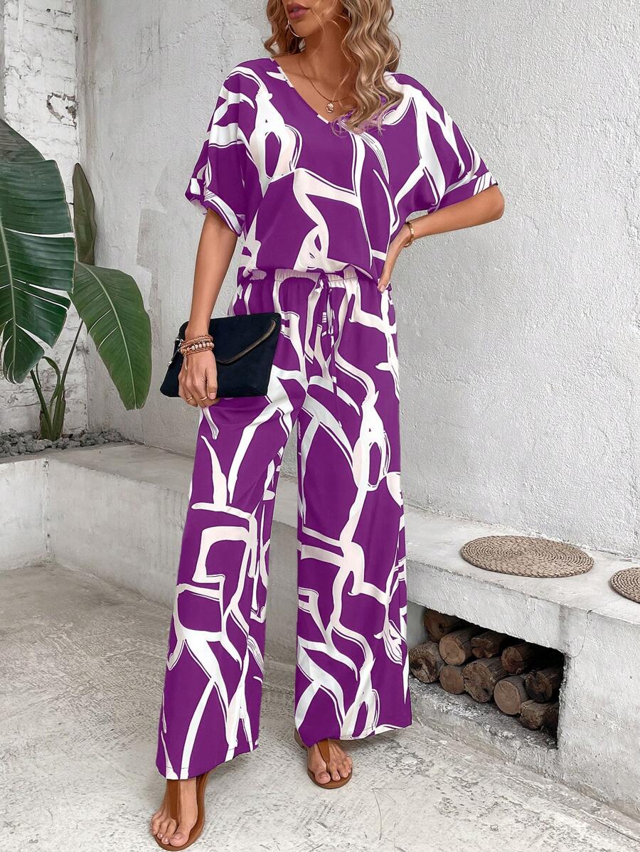 SHEIN Clasi Conjunto de top con manga de murciélago y pantalón de pierna ancha con estampado completo - Morado - Ver 1