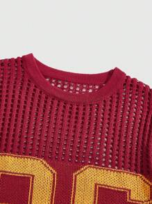 ROMWE MEN Prep Men's Jacquard Hollow-Out Short Sleeve Top - Red - View 3