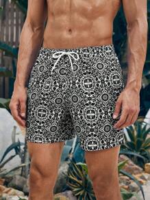Manfinity VDAYZ Men Floral Print Drawstring Waist Swim Trunks - Black - View 3