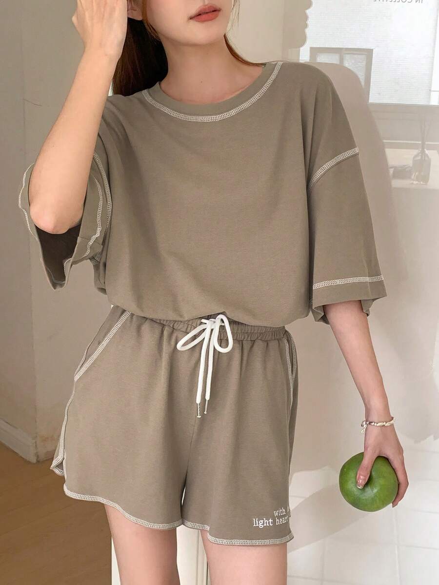DAZY Simple Line Decor T-Shirt And Drawstring Elastic Waist Shorts, Homewear Set - Khaki - View 1