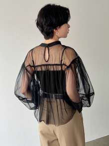 Women's Semi-Transparent Mesh Decorated Fashion Shirt - Black - View 7