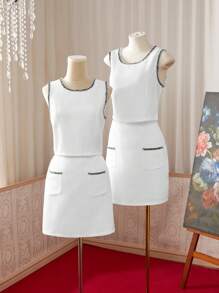 Teens 2Pcs Waffle Knit Crop Top With Fringed Hem & Matching Waffle Knit Skirt, White, Summer Mommy & Me Outfits (2 Pieces Sold Separately) - White - View 1