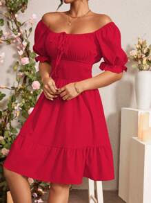 Rafferiza Summer Tie Front Ruffle Hem Puff Sleeve Dress For New Year Clothes - Red - View 3