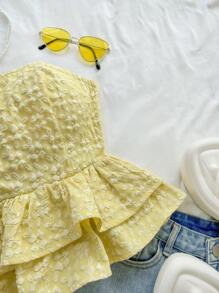 Soleia 女人度假女士休闲鹅黄色提花系带露背荷叶边抹胸夏季可爱午餐休闲返校黄色上衣 - 黃色 - 查看 4