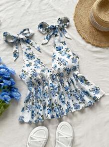 Soleia 印花V领无袖露背蝴蝶结休闲上衣，返校季风格，夏季 - 彩色 - 查看 1