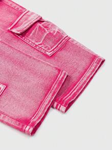 Young Girl Pink Washed Denim Cargo Pants With Multiple Pockets - Hot Pink - View 4