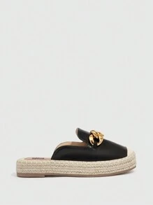 Styleloop Zapatos de mujer de moda Zuecos tipo alpargata con decoración de cadena negra para el verano, rebajas de verano, vuelta al colegio, calzado universitario, zapatos con estilo bohemio y vintage francés para Navidad, Año Nuevo y otoño.