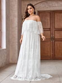 Plus Size White Contrast Lace Tube Bridal Gown, Off Shoulder Wedding Dress - White - View 6