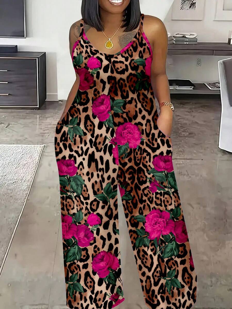 Slaydiva Plus Size Printed Jumpsuit, Summer Suitable For Going Out Leopard Print