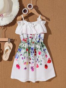 SHEIN Wedding Season Creative Flower Pattern Fashionable Spaghetti Strap Dress With Ruffle Trim, Suitable For Parties, Gatherings And Play - Medium Length, Young Girls - White - View 1