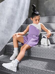 SHEIN Explorewe 年輕女孩的街頭穿搭不對稱剪裁連體褲，背心開口背心休閒裝 - 彩色 - 查看 5