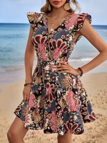 SHEIN VCAY Holiday Woven Printed Short Sleeve V-Neck Dress With Aircraft Pattern For Women - Multicolor - View 3