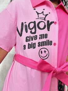 SHEIN Leap Crew Tween Girl Loose Casual cổ bẻ hai tông màu Áo sơ mi in hình hợp thời trang - Màu Hồng Tươi - Xem 4