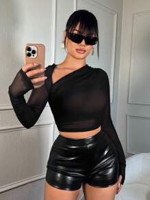 SHEIN SXY Blusa transparente de malla con cuello asimétrico, para mujer de talla grande y sexy