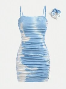 SHEIN Girlism 女孩連帽鉤織縮褶Tie-Dye背心長裙，附髮帶1pc - 藍白色 - 查看 7