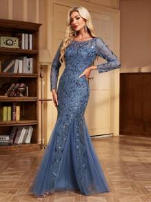 长袖亮片美人鱼派对礼服、正式婚礼宾客礼服、毕业典礼及宴会礼服