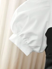 Váy chữ A tay bồng khoét sâu đính nút lấp lánh cổ áo ngà cho nữ, eo bó, có khóa kéo ẩn màu đen và viền tròn, váy mùa hè thanh lịch - Đen và trắng - Xem 7